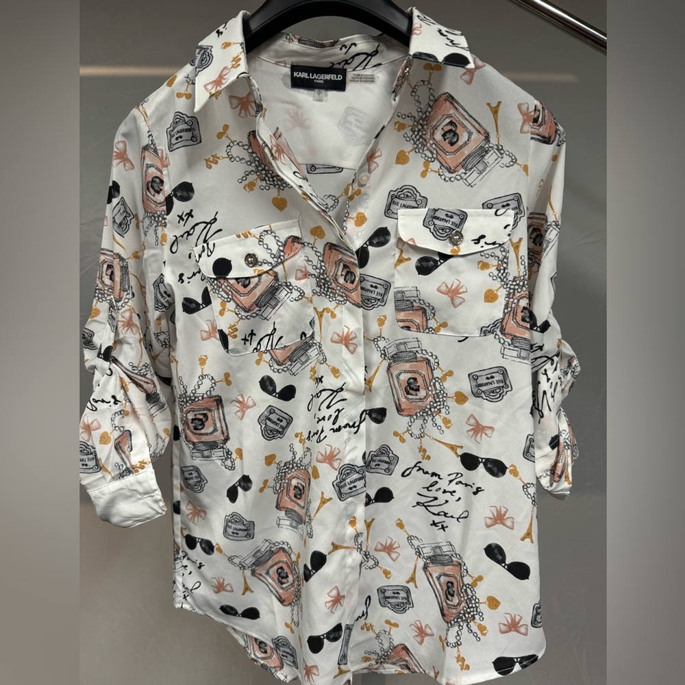 KARL LAGERFELD PARIS Whimsical Signature-Printed Blouse Small